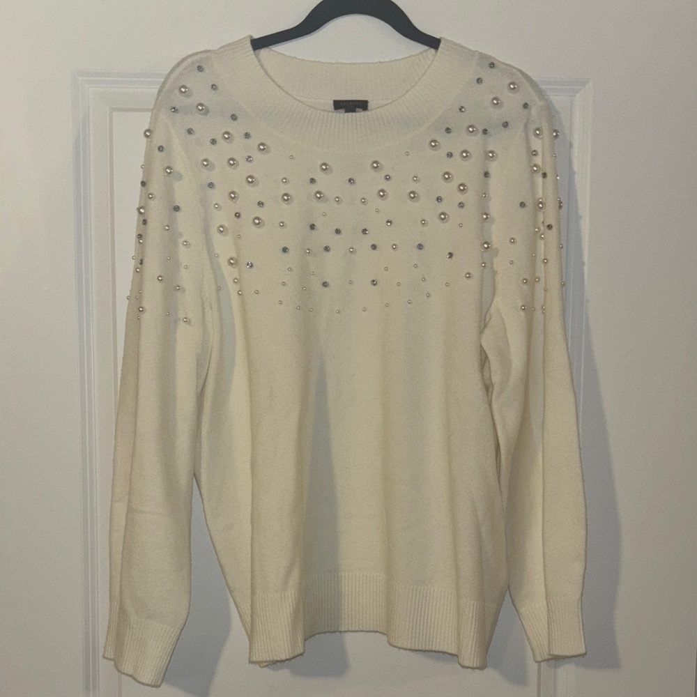 Talbots Ivory Sweater with Pearl and Gem Accents